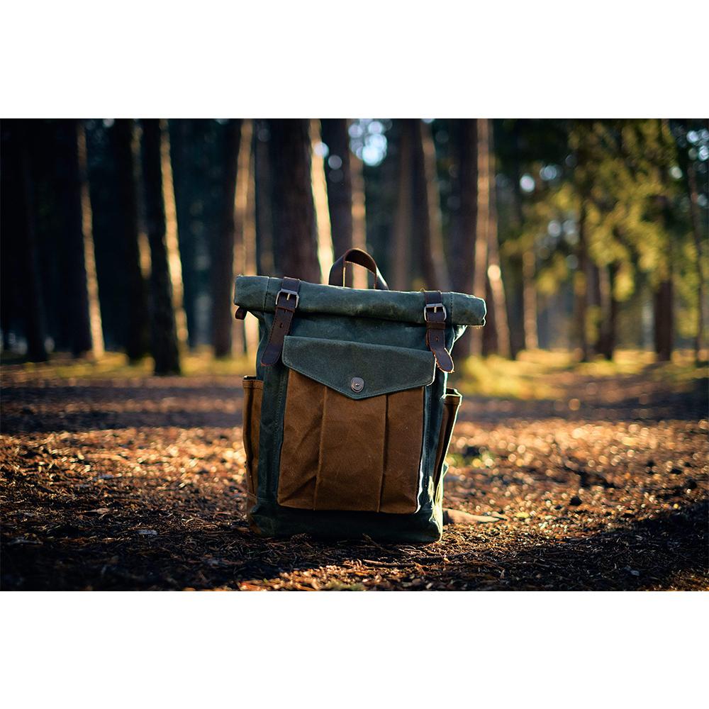 Eira | Vintage Backpack in Waxed Canvas with Roll Top Closure