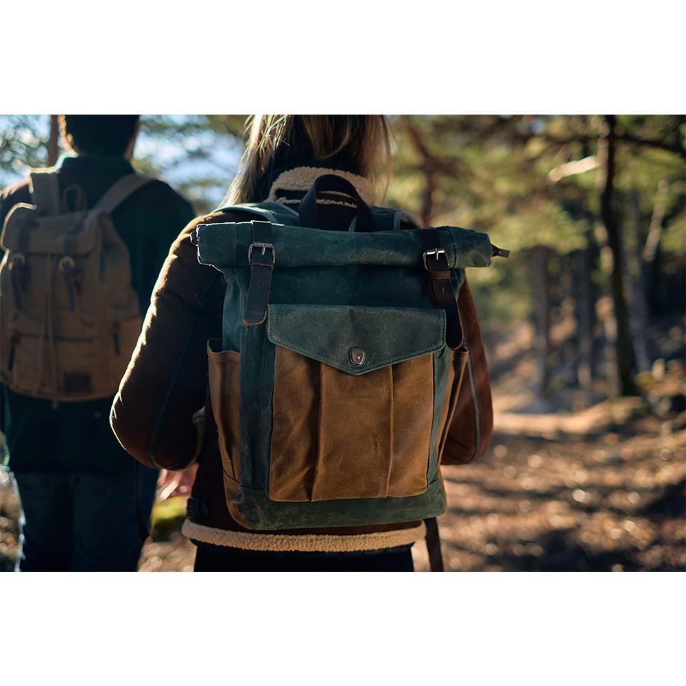 Eira | Vintage Backpack in Waxed Canvas with Roll Top Closure